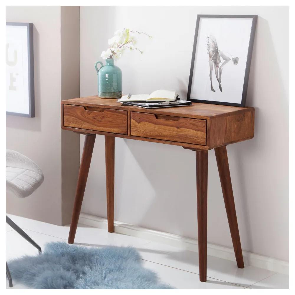 FineBuy Konsolentisch FB51402 90 x 76 x 36 cm Sheesham Massivholz mit Schubladen, Design Holz Anrichte Konsole massiv, Kleiner Landhaus Schreibtisch Flurtisch, Schminktisch Ablagetisch Natur