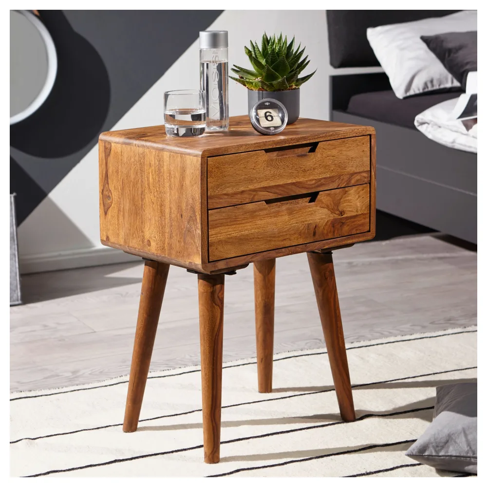 FineBuy Nachttisch Sheesham Massivholz mit 2 Schubladen - Nachtkästchen für Boxspringbett - Nachtkonsole Retro Design - Nachtkommode 47x66x36 cm