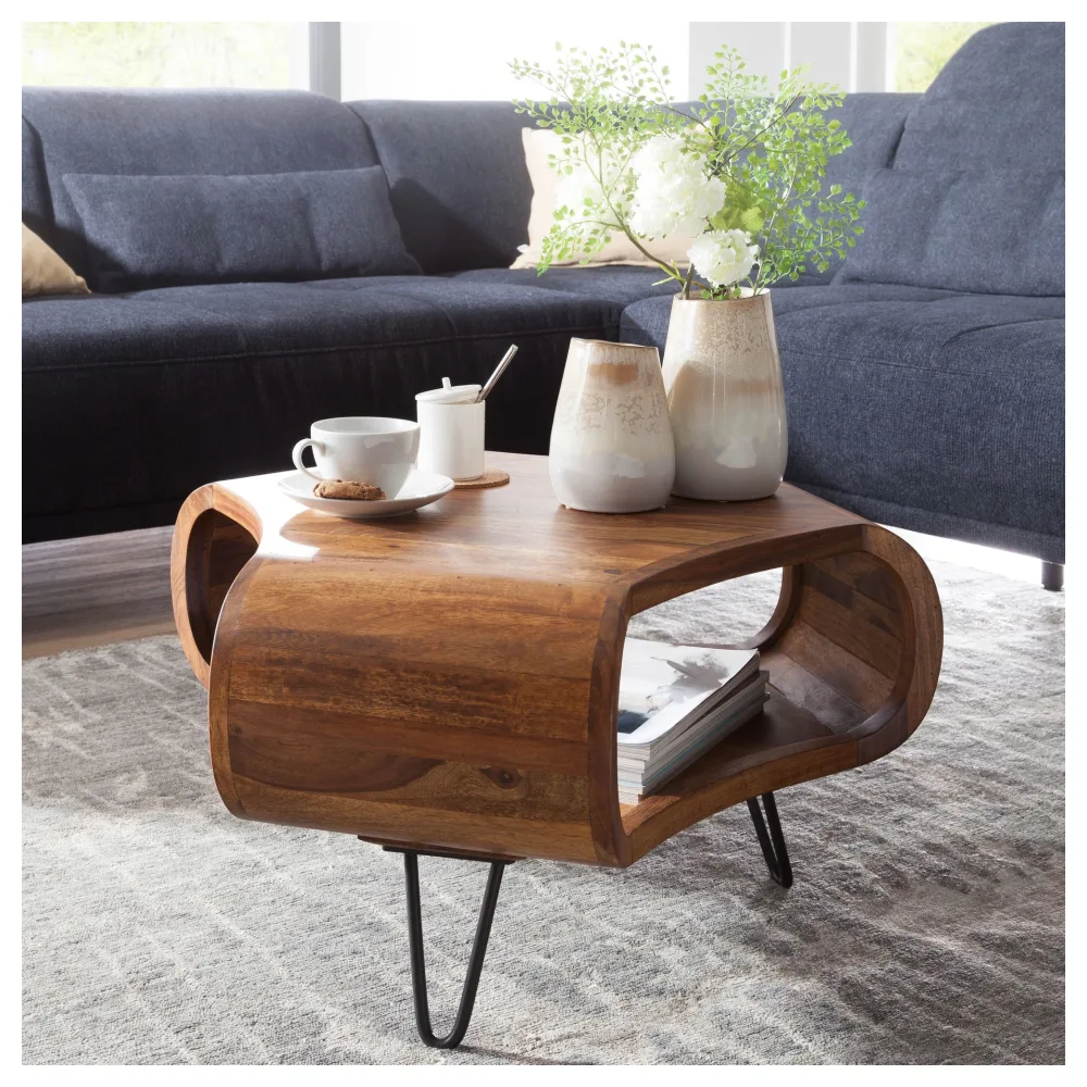 FineBuy Couchtisch Sheesham Massivholz 55x55x38 cm – Wohnzimmertisch mit Ablagefach und Metallbeinen | Design Tisch in Handarbeit | Retro Stil aus echtem Massivholz