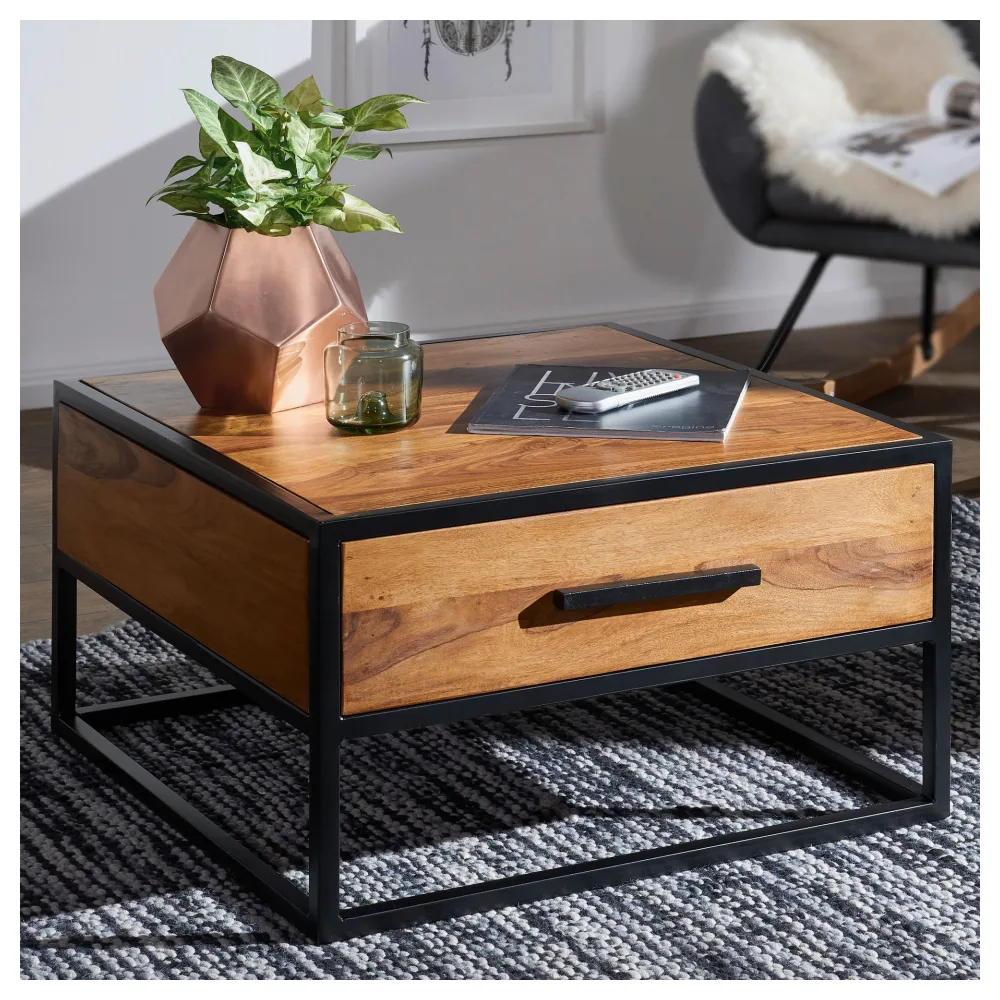 FineBuy Couchtisch FB51417 Massivholz / Metall Sofatisch 65x38x65cm, Design Wohnzimmertisch Sheesham, Stubentisch Industrial Braun, Designer Holztisch Kaffeetisch Massiv mit Schublade
