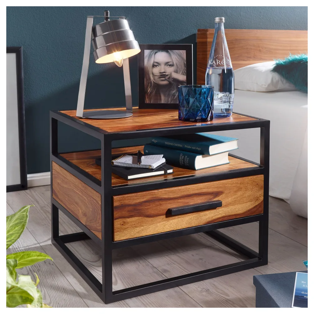 FineBuy Nachtkonsole Sheesham Massivholz mit Schublade & Ablage – Nachttisch im Industrial Design - Nachtkästchen handgefertigt fürs Schlafzimmer 50x45x45 cm