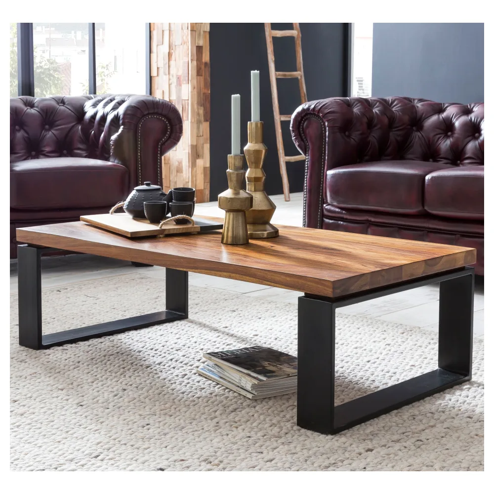 FineBuy Couchtisch Sheesham Massivholz 115cm · Rechteckiger Wohnzimmertisch mit Metall Kufengestell · Industrial Design eckig