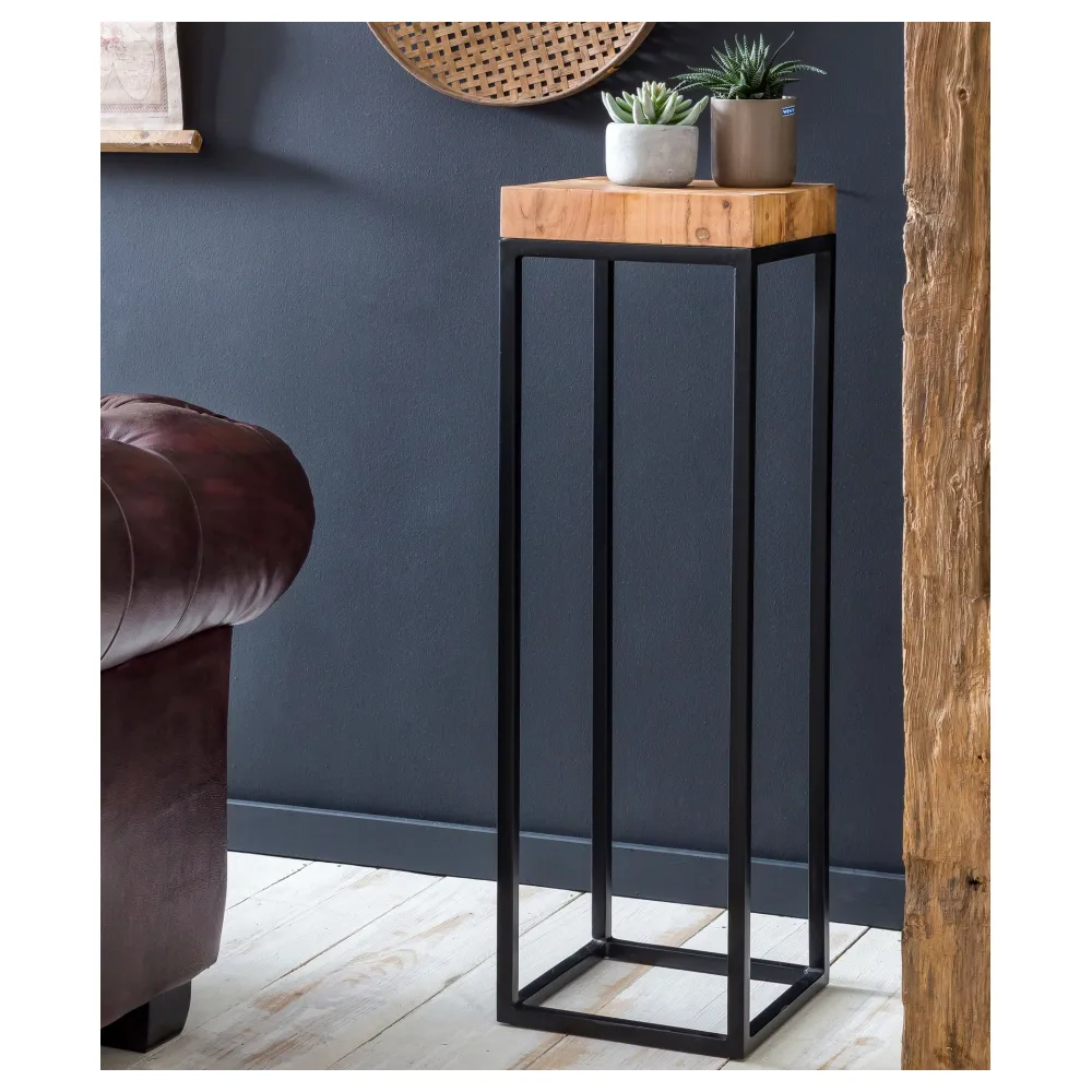 FineBuy Beistelltisch FB51448 Akazie Metall Anstelltisch 30 x 97 x 30 cm hoch, Industrial Style Tischchen Wohnzimmer, Holztisch mit Metallbeinen, Abstelltisch Blumentisch Naturholz Dekotisch