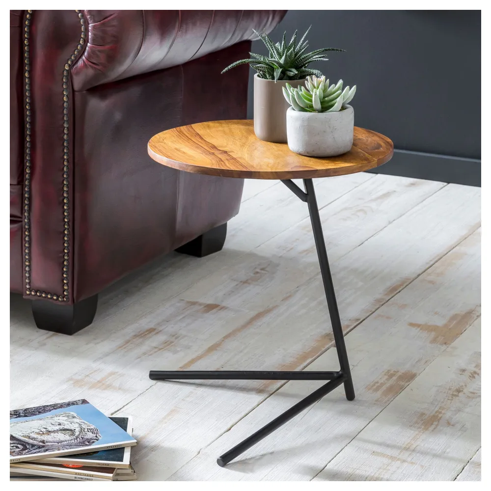 FineBuy Beistelltisch rund 40x46x40 cm Sheesham Metall Couchtisch Industrial Style Echtholz, Holztisch Sofatisch Metallbeine, Anstelltisch Dekotisch