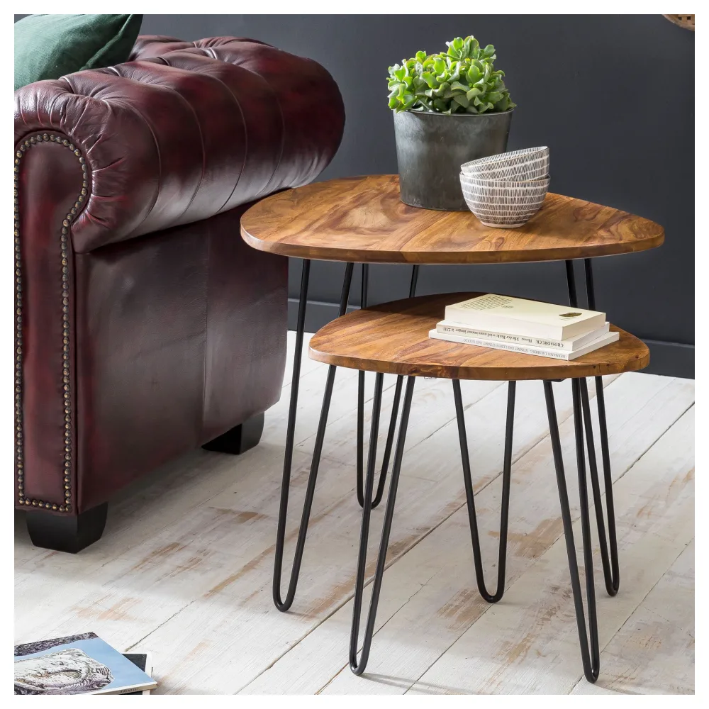 FineBuy Design Satztisch FB51455 Sheesham Metall Beistelltisch 2er Set klein, Couchtisch Set 2 Holz Tische, Massivholz Wohnzimmertisch Metallgestell, Schmaler Sofatisch Ablagetisch