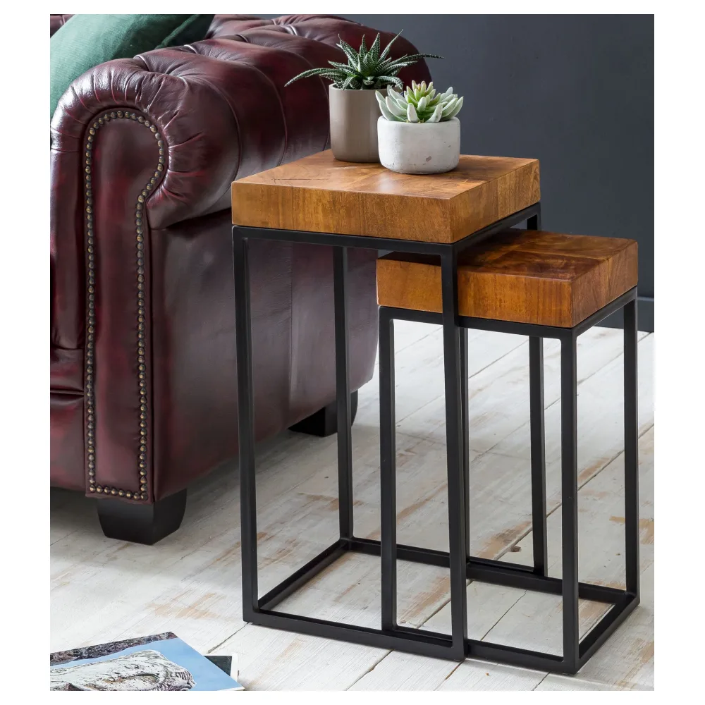 FineBuy Design Satztisch FB51457 Sheesham Metall Beistelltisch 2er Set klein, Couchtisch Set 2 Holz Tische, Massivholz Wohnzimmertisch Metallgestell, Schmaler Sofatisch Ablagetisch
