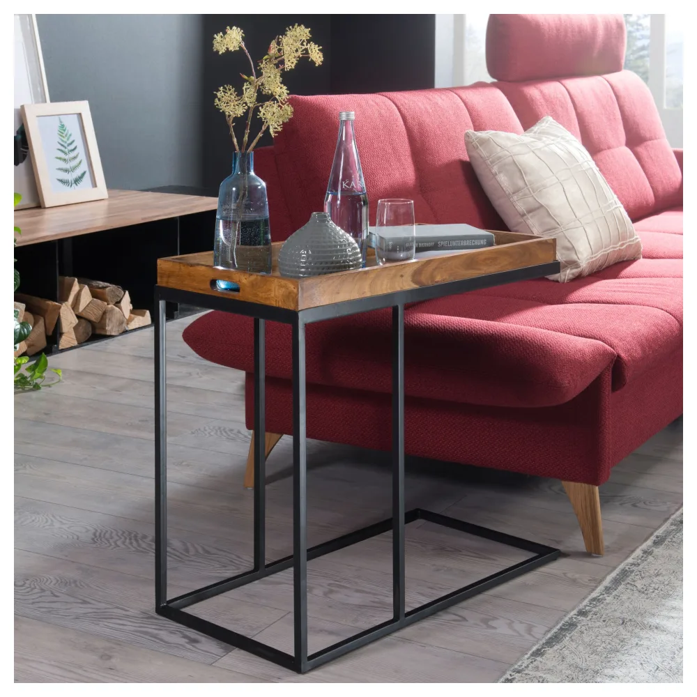 FineBuy Beistelltisch 69 x 65 x 34 cm Sheesham massiv Holz Metallgestell, Design TV-Tray Tabletttisch Wohnzimmer, Kleiner Serviertisch Naturholz, Abstelltisch Holz Metall Tablett