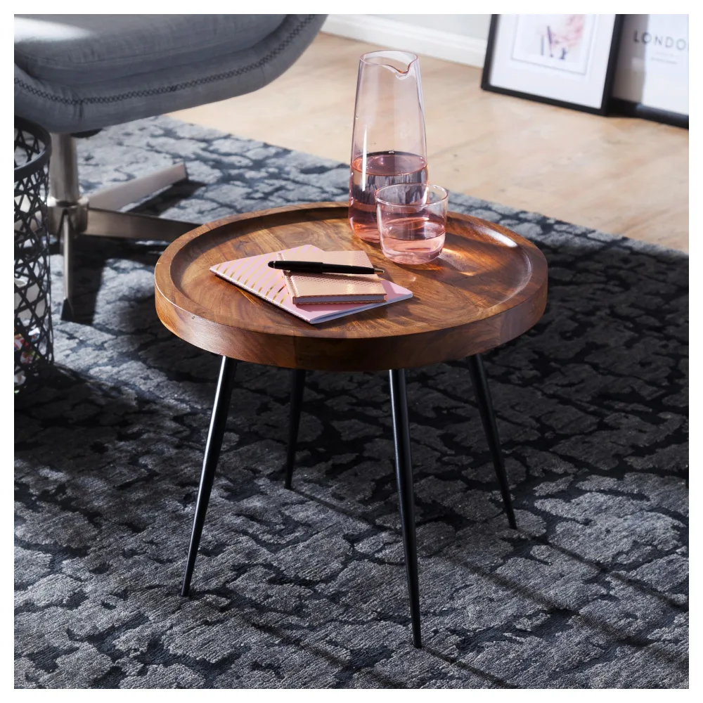FineBuy Beistelltisch rund 46x40x46 cm Sheesham massiv Holz Metall Couchtisch, Industrial Style Echtholz Holztisch, Sofatisch Metallbeine, Anstelltisch Dekotisch