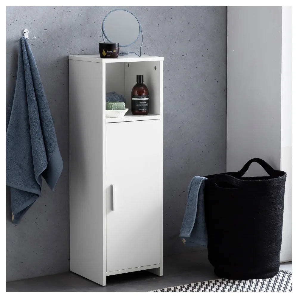 FineBuy Badschrank 30 x 95,5 x 30 cm Weiß Holz mit Tür und Ablagefach, Kleiner Bad-Schrank Beistellschrank Stehend, Badregal Schmal Freistehend Badezimmerkommode, Badmöbel Badezimmermöbel