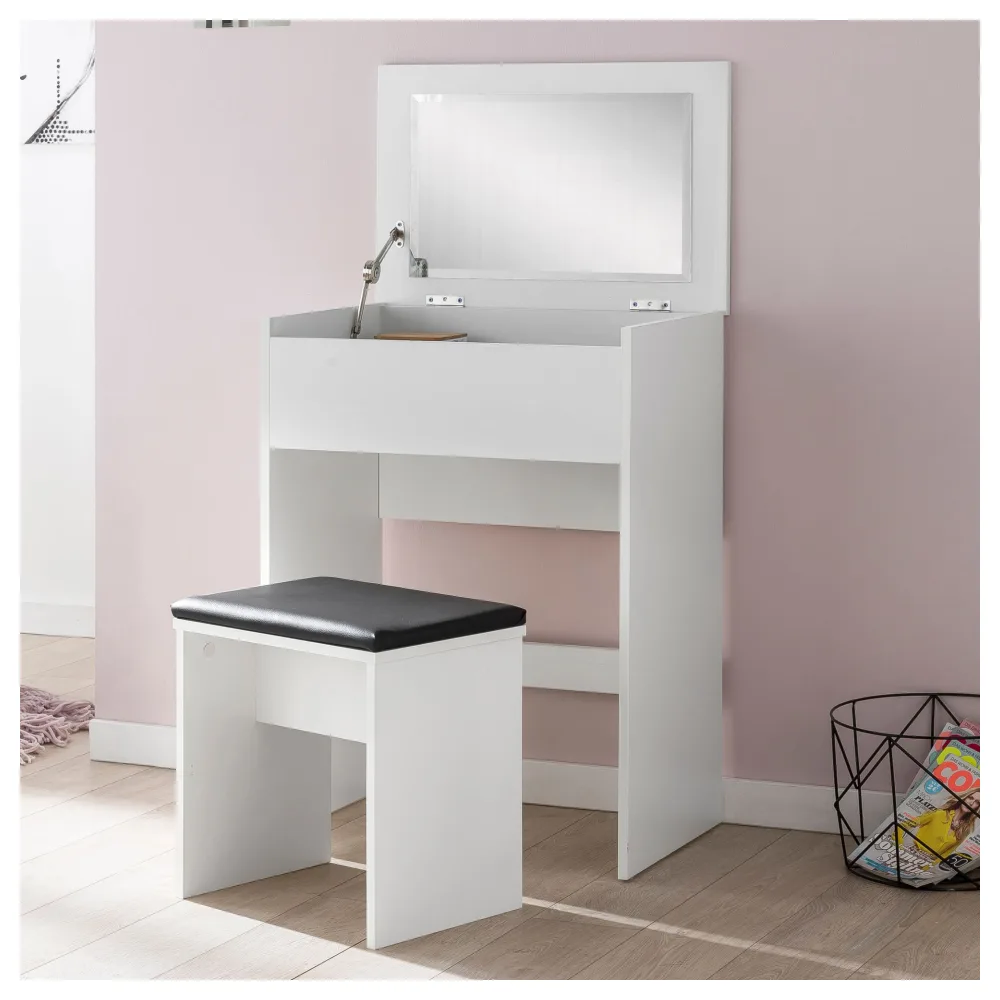 FineBuy Schminktisch FB51641 60x81x40 cm Weiß Konsolentisch Holz Modern, Kosmetiktisch mit Hocker und Spiegel, Weißer Frisiertisch mit Klappfach, Moderner Make-Up-Tisch Mädchen Groß