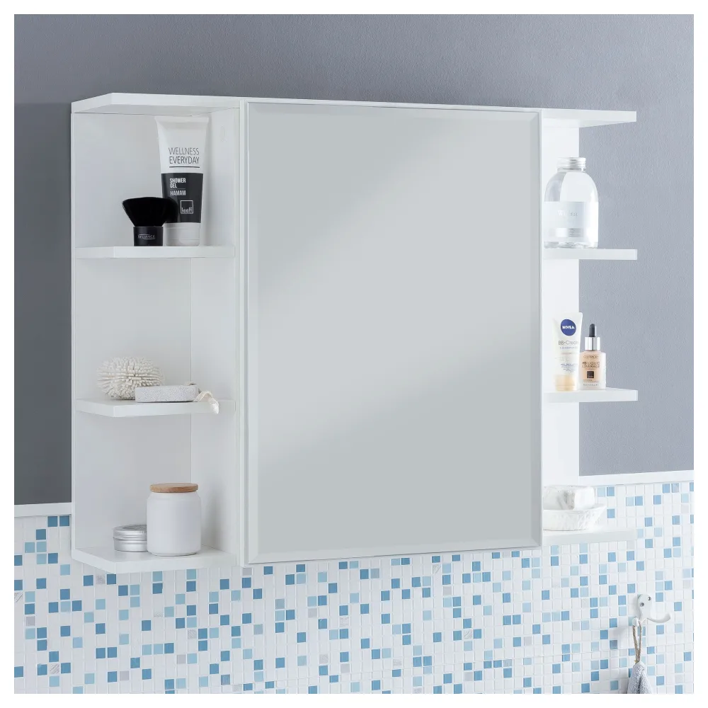 FineBuy Hängeschrank FB51815 Weiß 80x64,5x20cm Spanplatte Spiegelschrank Modern, Design Badregal Holz freischwebend, Schränkchen Badezimmerschrank mit Spiegel, Hängeschrank Badspiegel