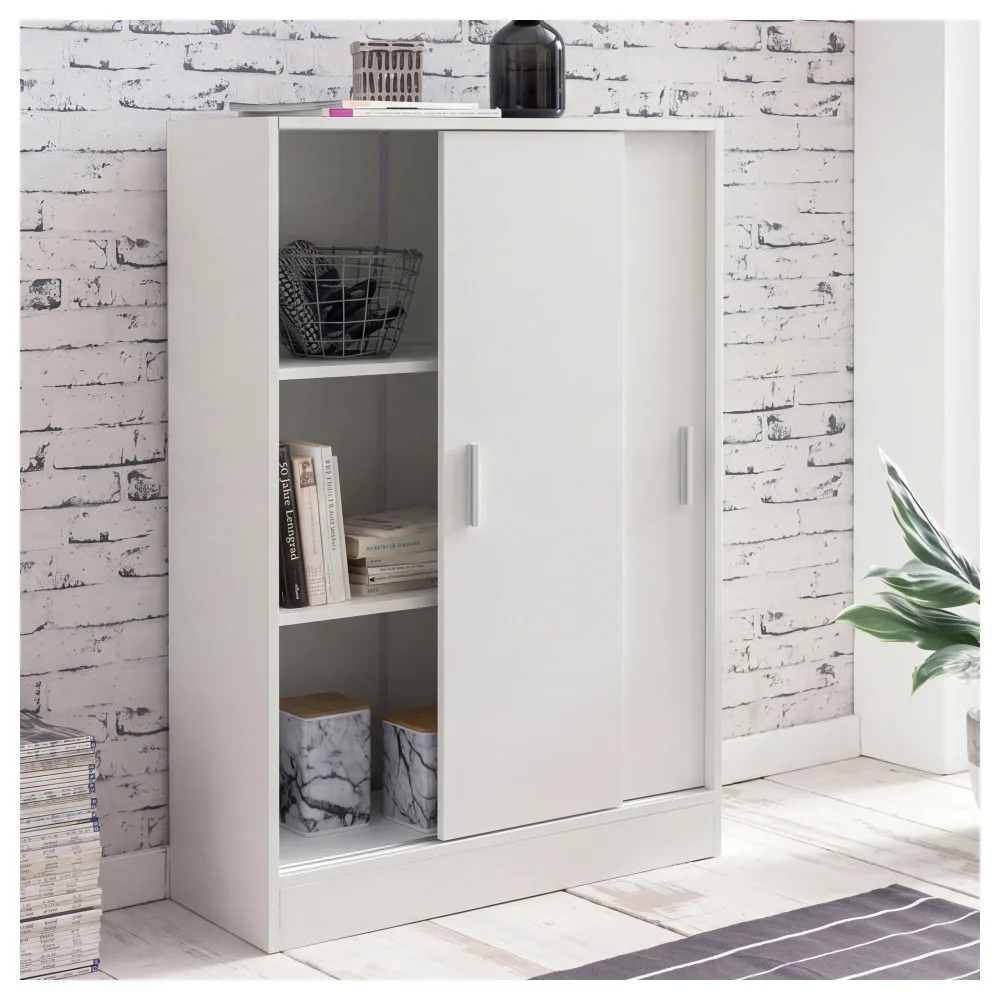 FineBuy Kommode Weiß 60 cm Breit mit 2 Schiebetüren für Büro Akten, Schiebetürenschrank, Aktenschrank, Sideboard, Kleiderschrank