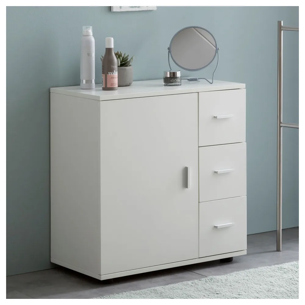 FineBuy Badschrank Weiß 60cm Midi-Schrank mit Tür & Schubladen, Kleiner Beistellschrank Matt, Badregal Schmal Freistehend Badezimmerkommode, Badmöbel Badezimmermöbel
