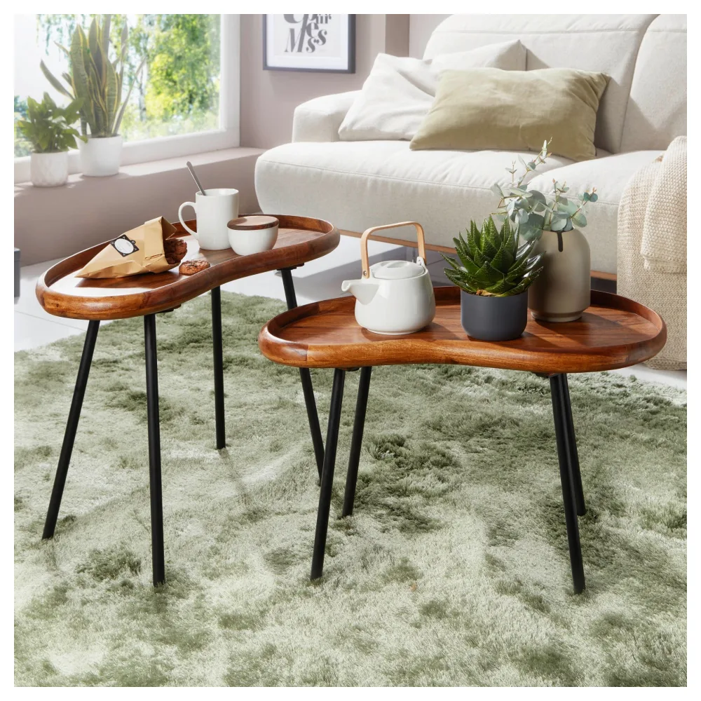 Finebuy Couchtisch Set FB52620 Sheesham Massiv Satztisch Nierenform mit Metallbeinen, Wohnzimmertische Massivholz, Kleine Nierentische Echtholz, Stubentische Holz, Beistelltisch-Set Modern
