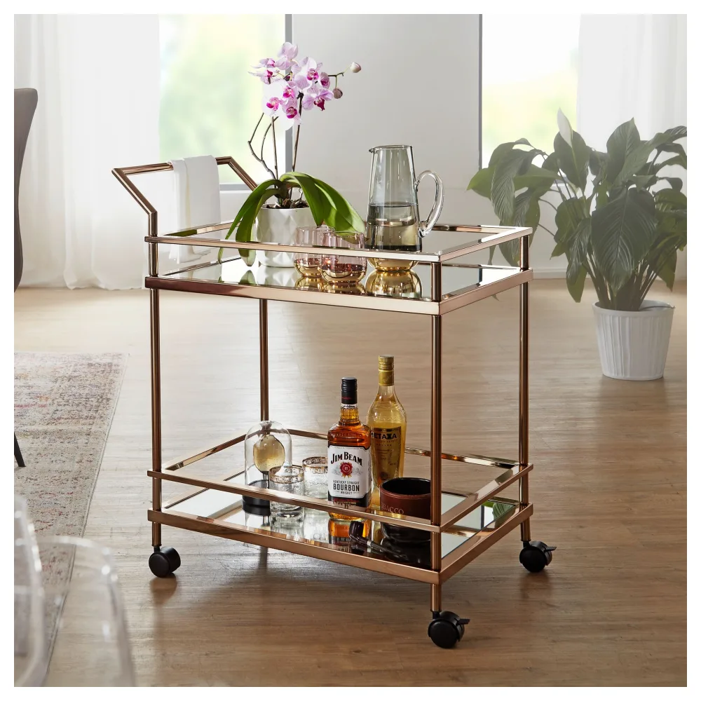 FineBuy Design Servierwagen Dunkles Gold 2 Ebenen mit Bremsen, Beistelltisch auf Rollen, Speisewagen mit Glasplatte, Küchenwagen, Teewagen