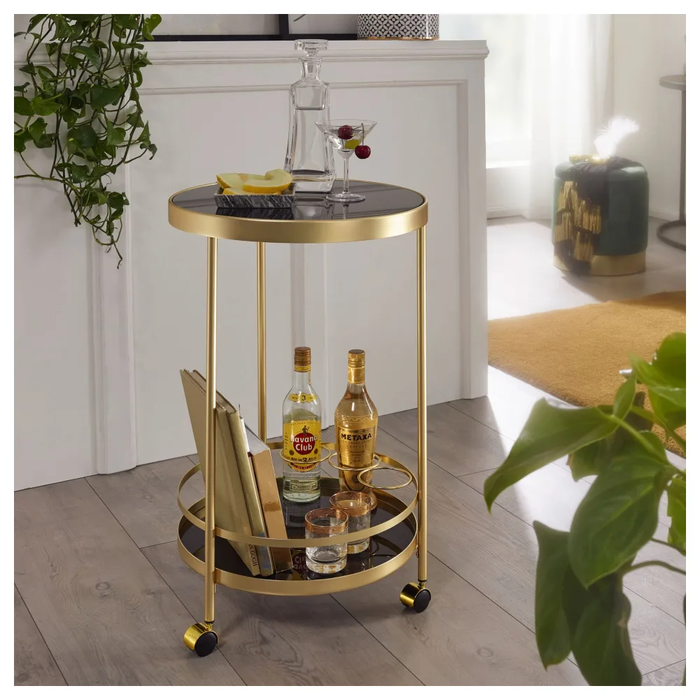 FineBuy Design Servierwagen Gold Rund Ø 45cm 2 Ebenen, Beistelltisch auf Rollen mit Glasplatte Schwarz Speisewagen, Küchenwagen, Teewagen
