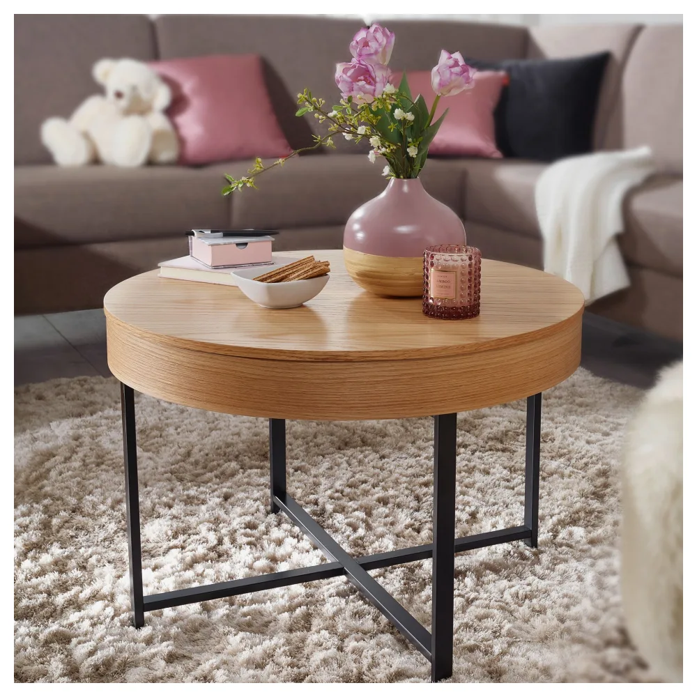 FineBuy Couchtisch Rund Ø 70 cm mit Stauraum - Skandinavisches Design Eiche – Moderner Wohnzimmertisch mit Metallgestell, Stabiler Lounge Sofatisch, Beistelltisch für Wohnzimmer