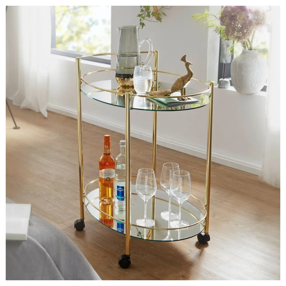 FineBuy Design Servierwagen Gold 67x79 cm Mobile Mini Bar, Beistelltisch auf Rollen, Speisewagen mit Glasplatte Weiß, Küchenwagen, Teewagen mit Milchglas