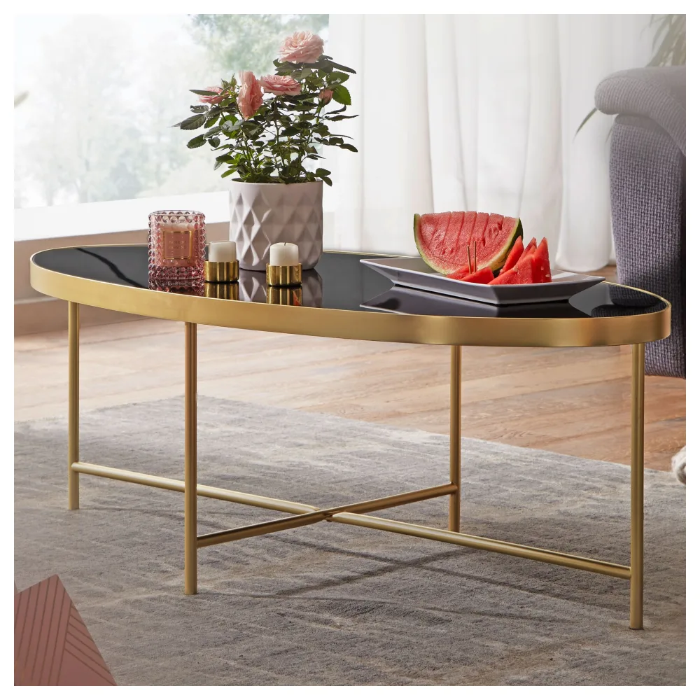 FineBuy Design Couchtisch Glas Schwarz - Oval 110 x 56 cm mit Gold Metallgestell, Großer Wohnzimmertisch, Lounge Tisch Glastisch