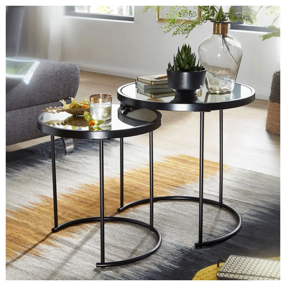 FineBuy Design Beistelltisch Rund Ø 50/42 cm - 2 teilig Schwarz mit Spiegel Glas, Wohnzimmertisch 2er Set, Satztisch verspiegelt, Couchtisch