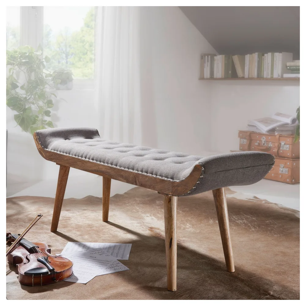 FineBuy gepolsterte Sitzbank 120 cm Massivholz Stoff grau - Retro Chesterfield Polsterbank für Garderobe Schlafzimmer & Wohnzimmer - Garderobenbank Eingangsbereich