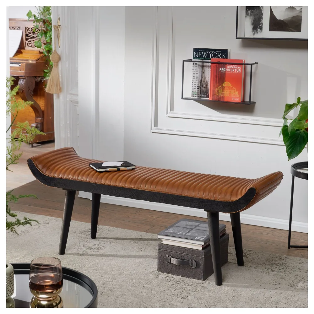 FineBuy gepolsterte Sitzbank 125 cm Massivholz Echtleder Braun - Retro Polsterbank für Garderobe Schlafzimmer & Wohnzimmer - Garderobenbank Eingangsbereich