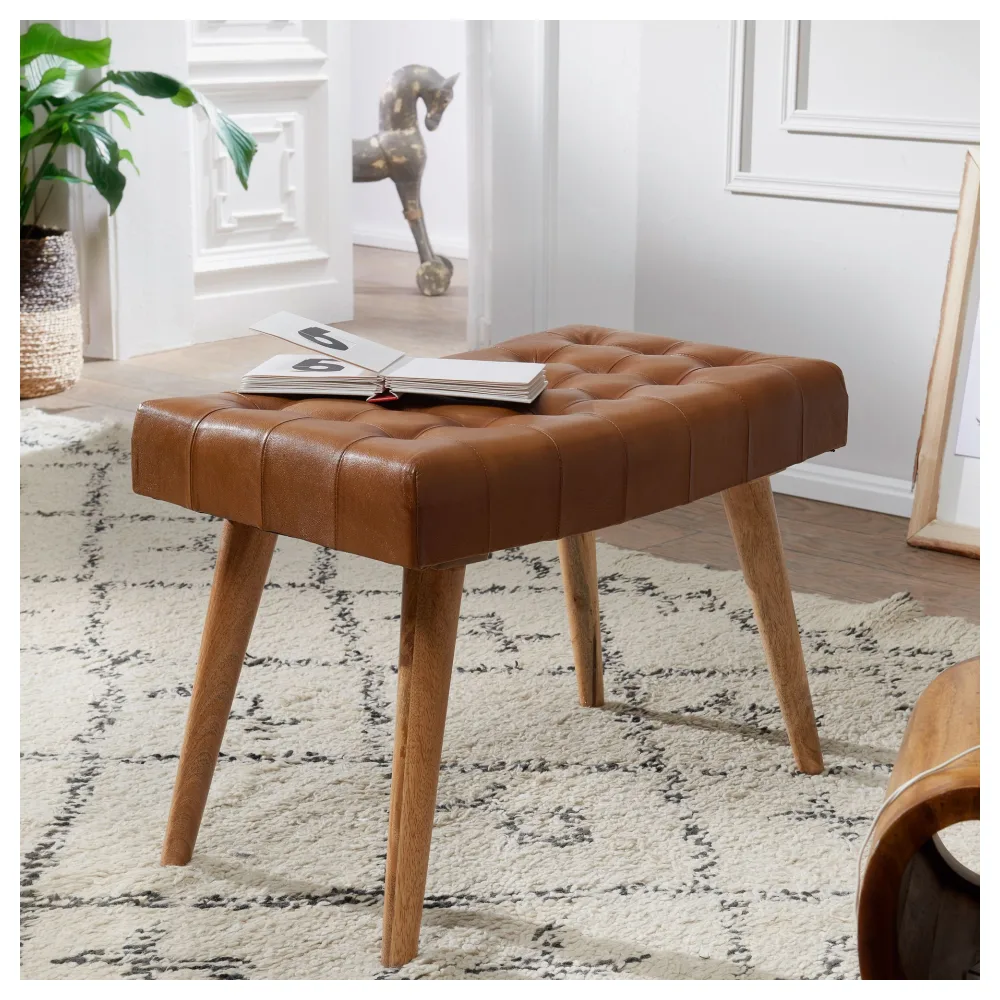 FineBuy Sitzhocker 67x47x39 cm Mango Massivholz / Echtleder Chesterfield-Design, Lederhocker Braun, Beistellhocker Hocker ohne Lehne, Country Fußhocker
