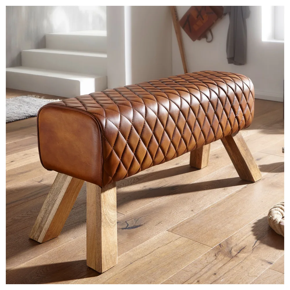 FineBuy Design Sitzbank Turnbock 90cm Cognac gesteppt Echtleder Mangoholz Retro Sitzhocker, Lederhocker mit Holzbeinen Sprinbock Hocker Garderobenbank