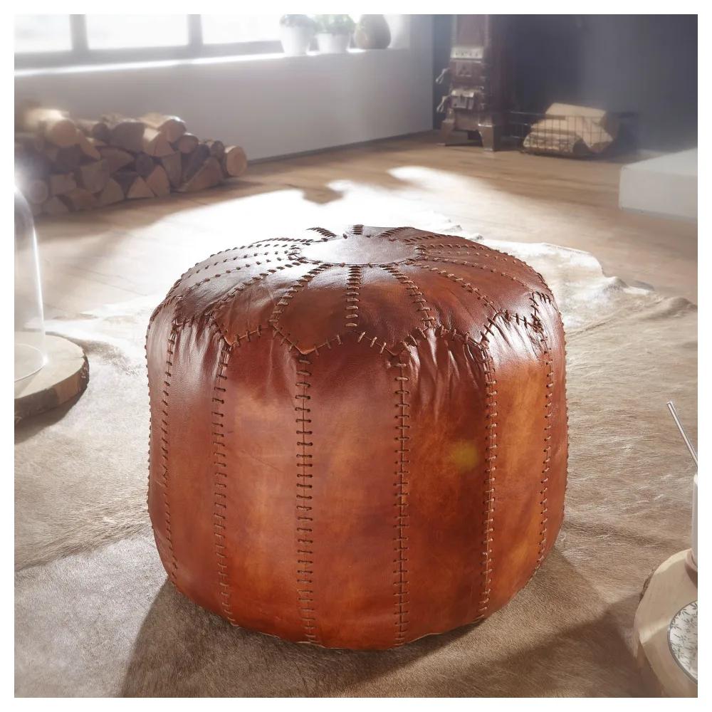 FineBuy Sitzhocker Echtleder Braun 52 x 40 x 52 cm Ottomane Wohnzimmer, Design Pouf Hocker Orientalisch, Polsterhocker Orient Beinablage Sofa