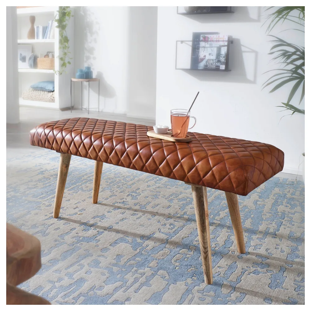 FineBuy gepolsterte Sitzbank 115 cm Massivholz Echtleder Braun - Retro Polsterbank für Garderobe Schlafzimmer & Wohnzimmer - Garderobenbank Eingangsbereich