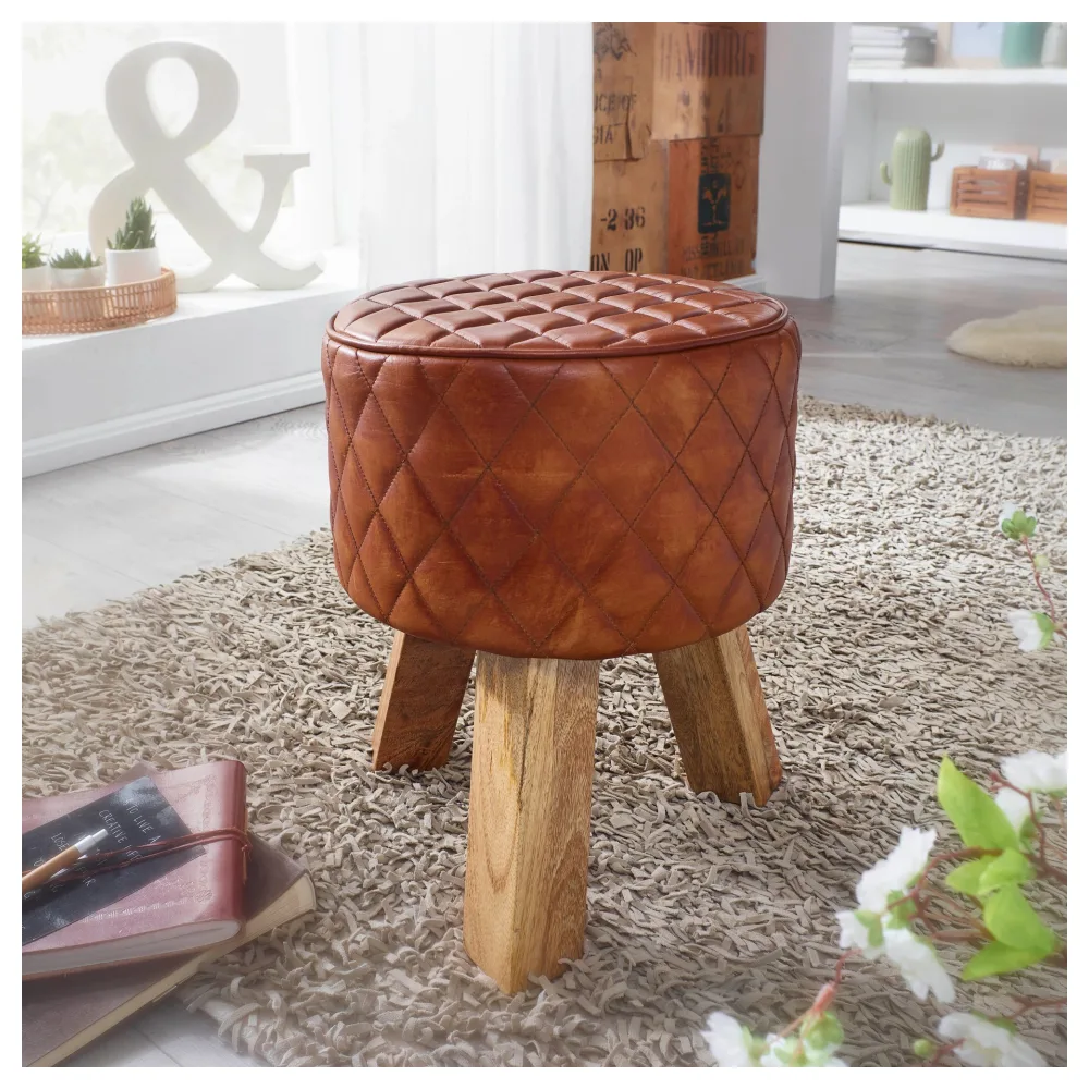 FineBuy Sitzhocker Echtleder / Massivholz 35x46x35 cm Modern Fußhocker Rund, Turnbock Lederhocker Braun, Kleiner Hocker Gepolstert, Holzhocker mit Leder-Bezug