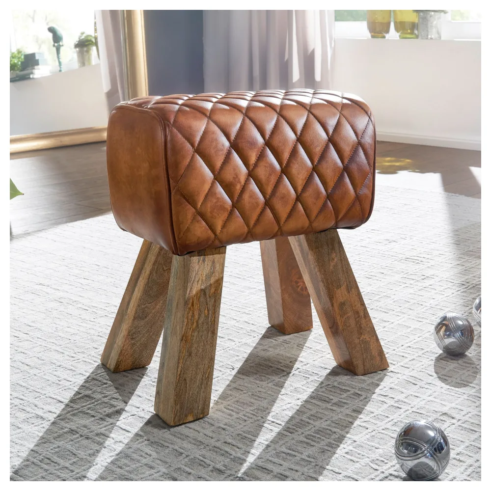 FineBuy Sitzhocker Echtleder / Massivholz 40x48x27 cm Modern Fußhocker, Turnbock Lederhocker Braun, Kleiner Hocker Gepolstert, Holzhocker mit Leder-Bezug
