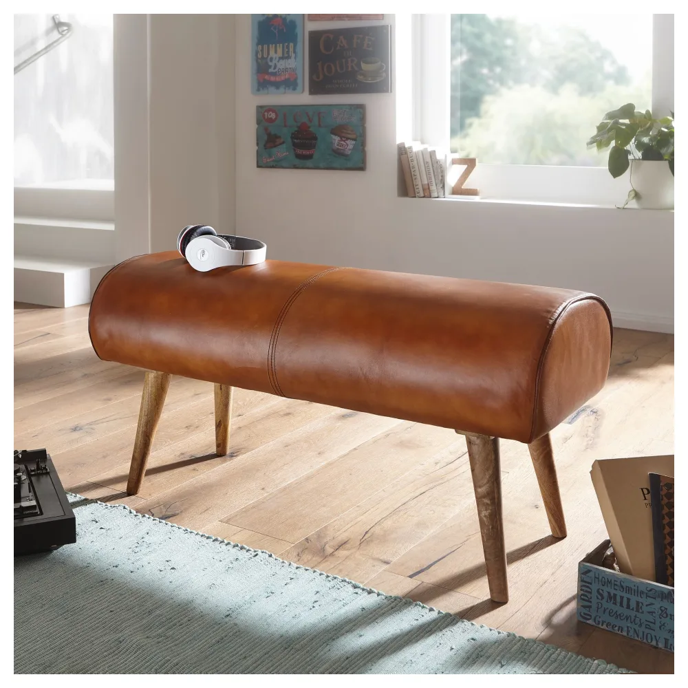 FineBuy Design Sitzbank Turnbock 100cm Braun Echtleder & Mangoholz - Retro Sitzhocker - Lederhocker mit Holzbeinen - Sprinbock Hocker - Garderobenbank