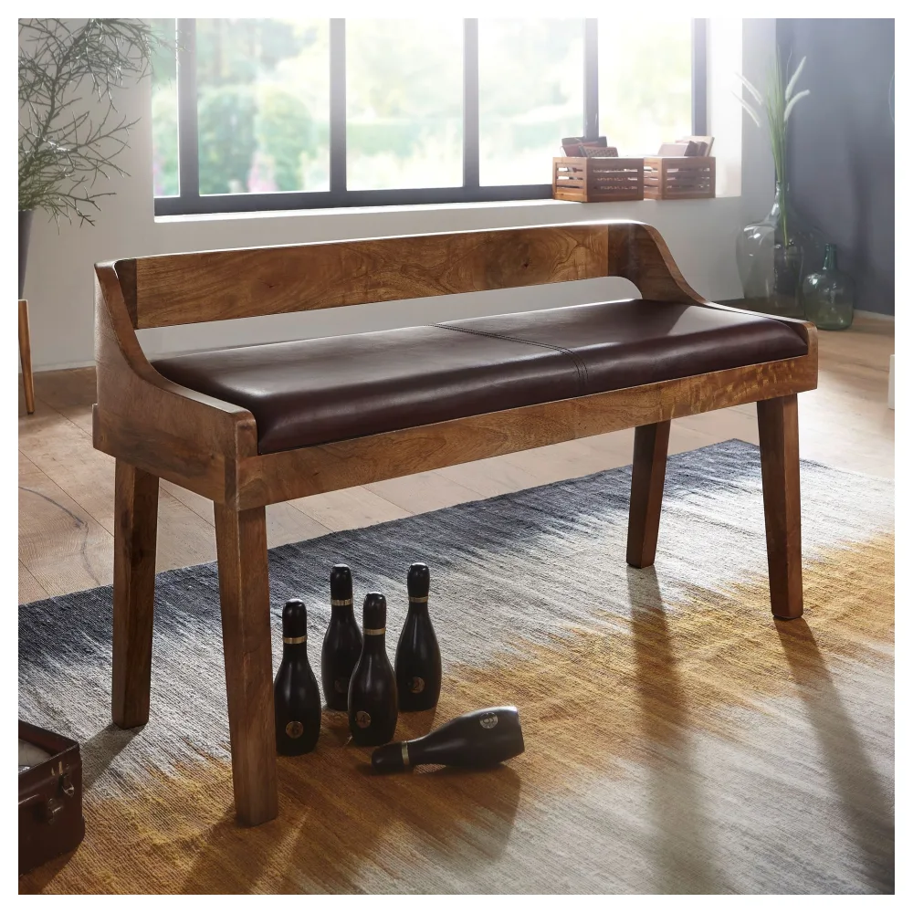 FineBuy gepolsterte Sitzbank mit Lehne 108 cm Massivholz Echtleder Braun - Retro Bank für Garderobe Schlafzimmer & Wohnzimmer - Garderobenbank Eingangsbereich