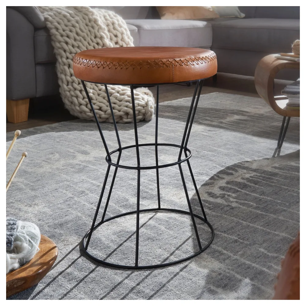 FineBuy Sitzhocker Echtleder / Metall 35 x 48 x 35 cm Design Hocker Rund, Dekohocker mit Leder-Bezug, Moderner Lederhocker Braun Gepolstert