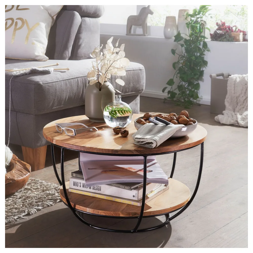 FineBuy Couchtisch Akazie Massivholz rund 60 cm · Wohnzimmertisch mit Ablage · Handgefertigt · Metallgestell in Schwarz · Moderner Industrial Design Sofatisch