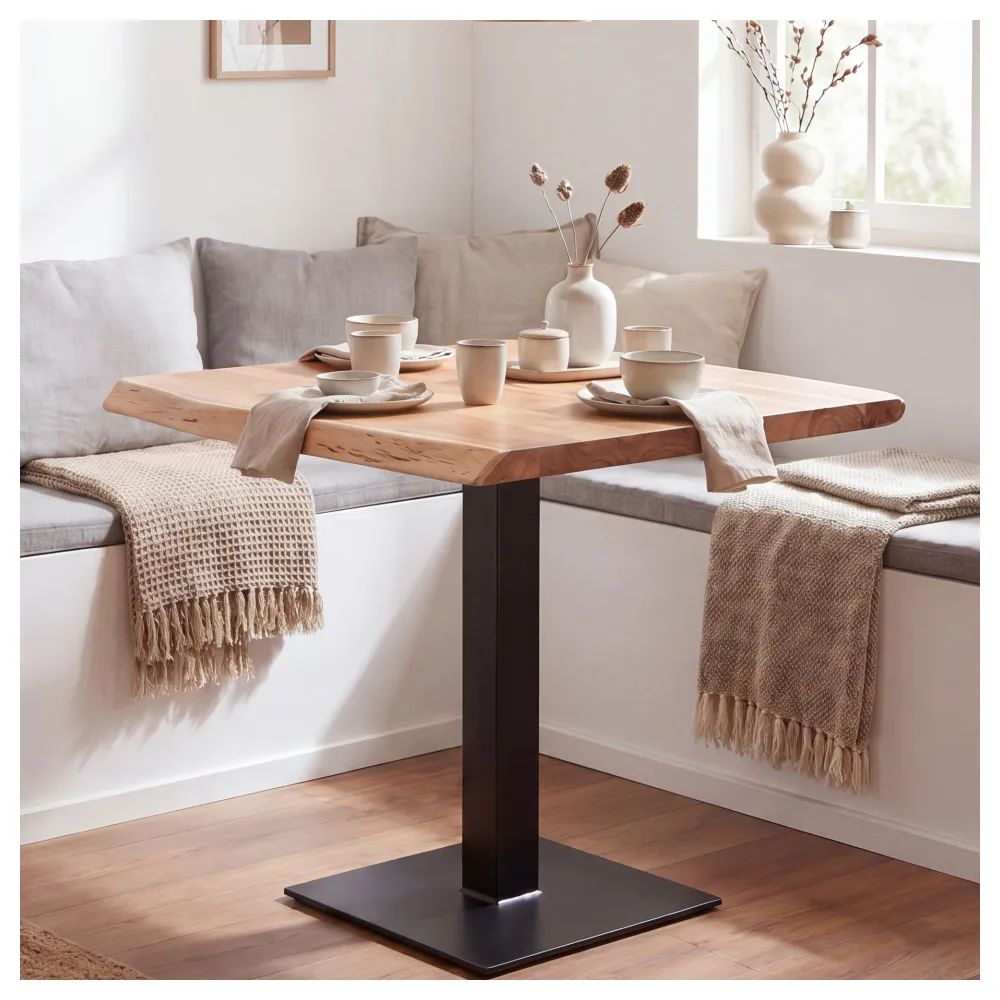 FineBuy Esszimmertisch quadratisch 80cm Massivholz Akazie Baumkante - Industrial Esstisch Baumstamm Massiv Echtholz - Küchentisch - Baumkantentisch Bistrotisch