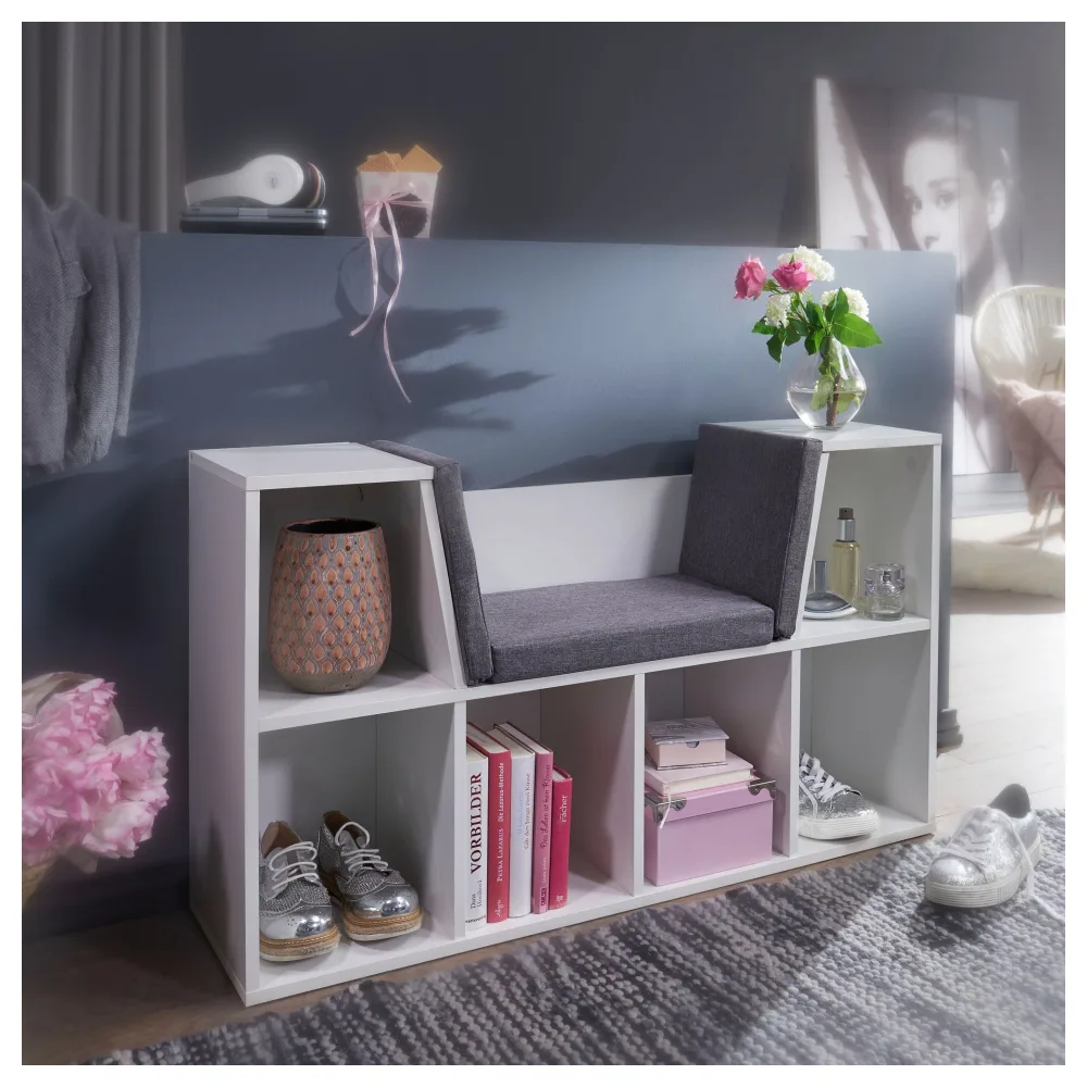 FineBuy Sitzbank mit Stauraum Garderobe Regal Weiß 100 cm Standregal Garderobenbank mit Sitzauflage