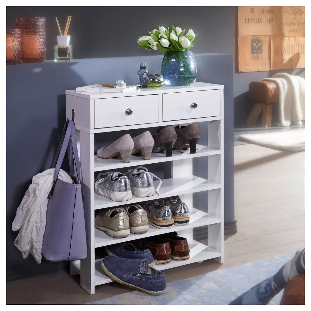 FineBuy Design Schuhregal 60 x 79 x 24 cm Flurregal Weiß, Regal mit zwei Schubladen, Hohes Standregal mit 4 Fächern