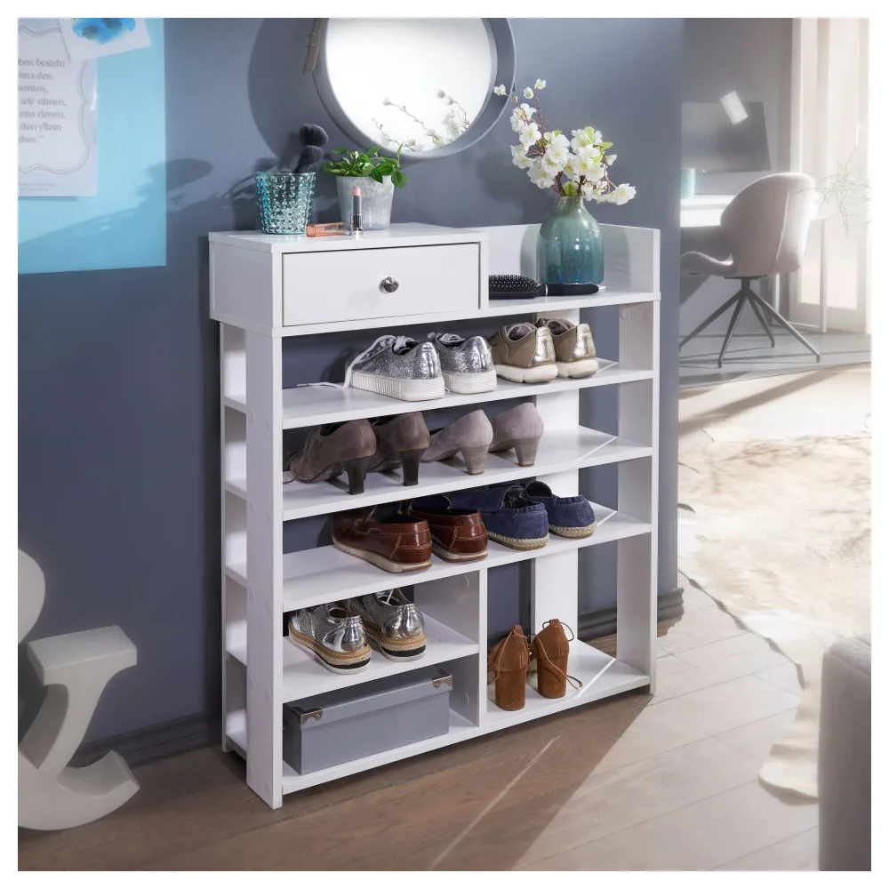 FineBuy Design Schuhregal 75 x 92,5 x 24 cm Flurregal Weiß, Hohes Standregal mit 7 Fächern, Regal mit Schublade