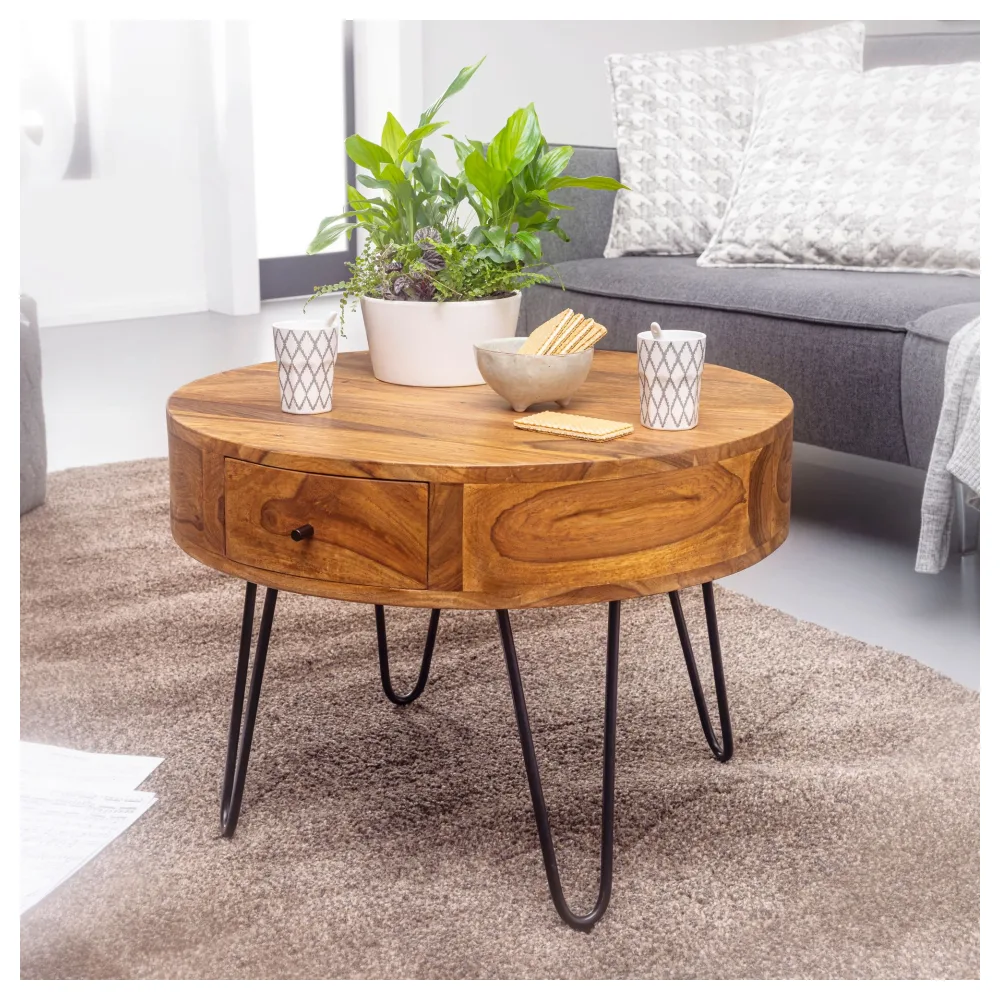 FineBuy Couchtisch Sheesham Massivholz rund Ø 60 cm – Wohnzimmertisch mit Schublade & schwarzen Hairpin Beinen | Retro Design Holztisch handgefertigt