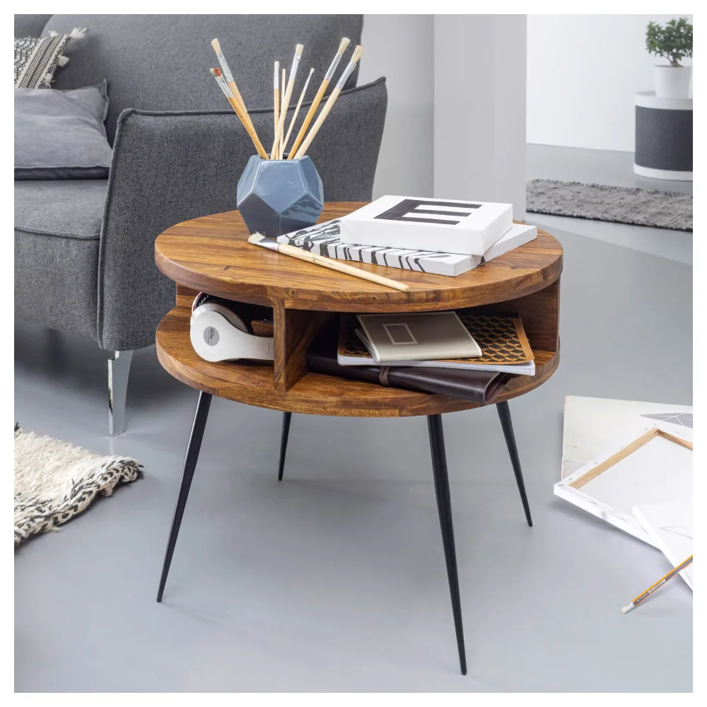 FineBuy Couchtisch Sheesham Massivholz rund Ø 60 cm – Wohnzimmertisch mit offener Ablage & schwarzen Metallbeinen | Design Tisch handgefertigt im modernen Retro Stil