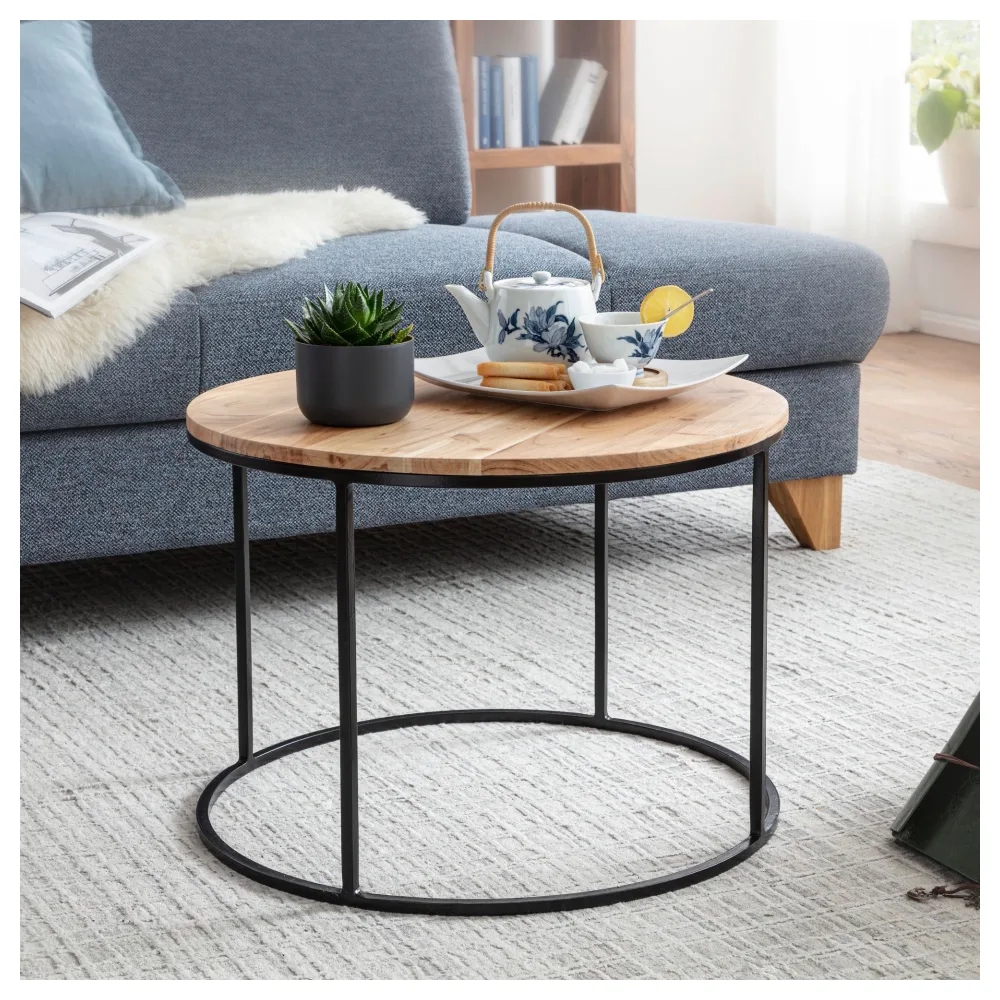 FineBuy Couchtisch Akazie Massivholz rund 60 cm · Wohnzimmertisch mit schwarzem Metallgestell · Handgefertigt · Natur Holz Tisch im modernen Industrial Design