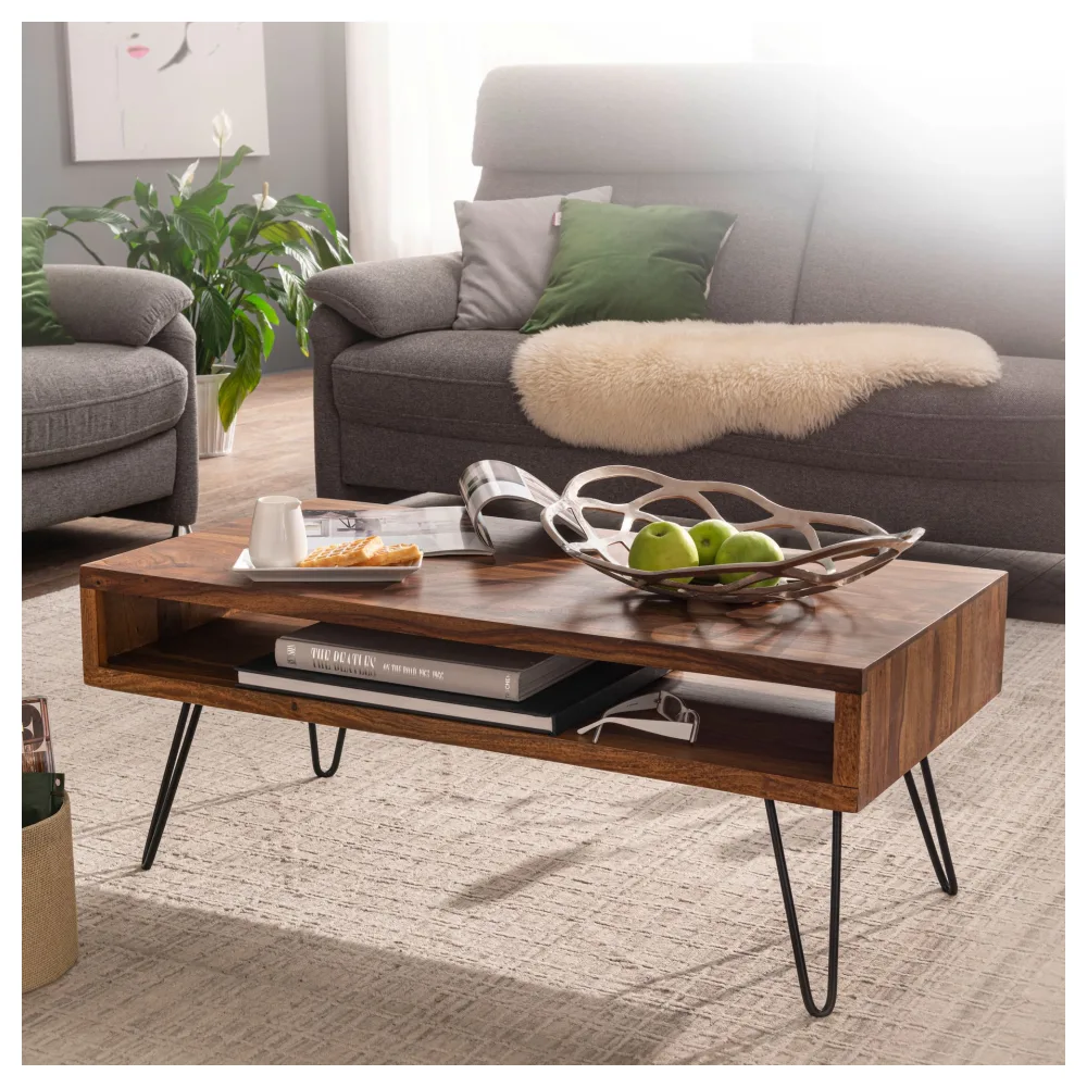 FineBuy Couchtisch Sheesham Massivholz 100 cm – Wohnzimmertisch rechteckig mit Ablage im Industrial Design | Handgefertigter Holztisch auf schwarzen Hairpin Metallbeinen