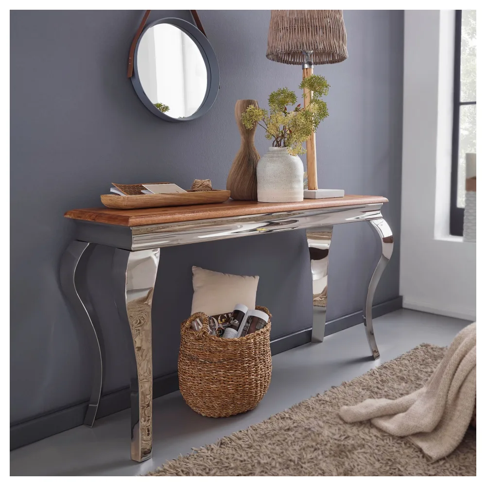 FineBuy Konsolentisch Sheesham Massivholz / Metall 130x76,5x42 cm Flurtisch, Design Wohnzimmertisch Schmal, Anrichte Schreibtisch Modern