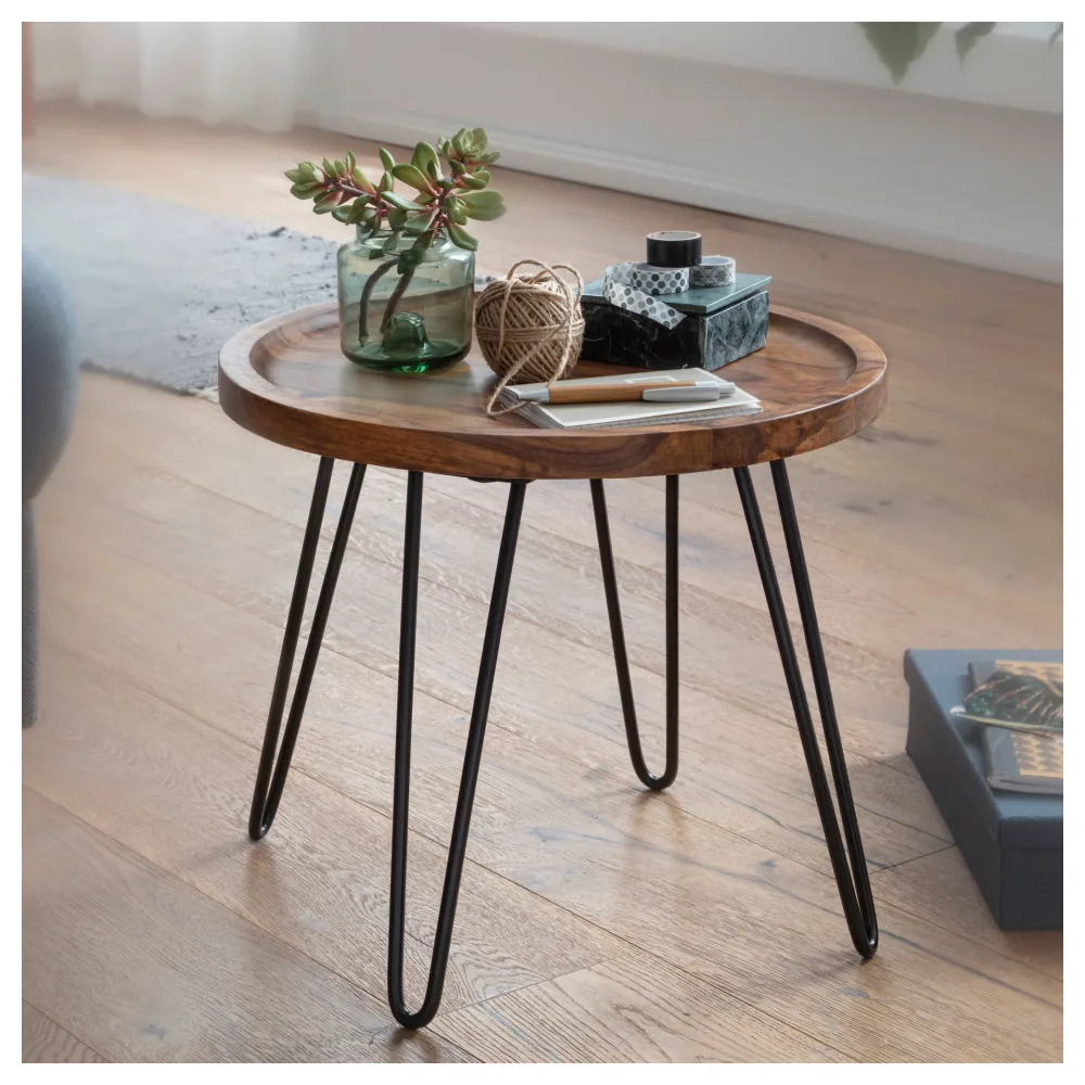 FineBuy Design Couchtisch Sheesham Massivholz 45x40x45 cm Wohnzimmertisch Rund, Sofatisch mit Haarnadelbeine, Kaffeetisch aus Holz und Metall