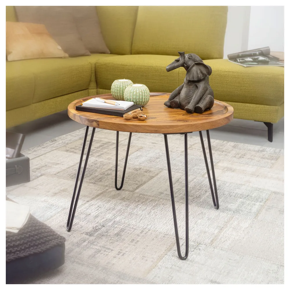 FineBuy Couchtisch Sheesham Massivholz rund Ø 60 cm – Wohnzimmertisch mit Metallbeinen im Retro Design – Handgefertigter Holztisch mit Ablagekante – 45 cm hoch
