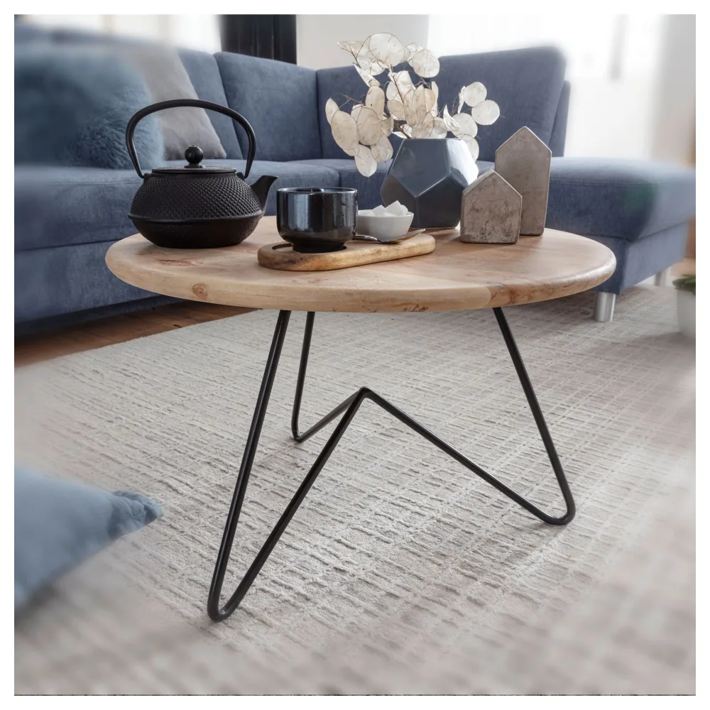 FineBuy Couchtisch Akazie Massivholz rund 60 cm · Wohnzimmertisch mit Metallgestell im modernen Design · Handgefertigt · Natur Look & Industrial Stil