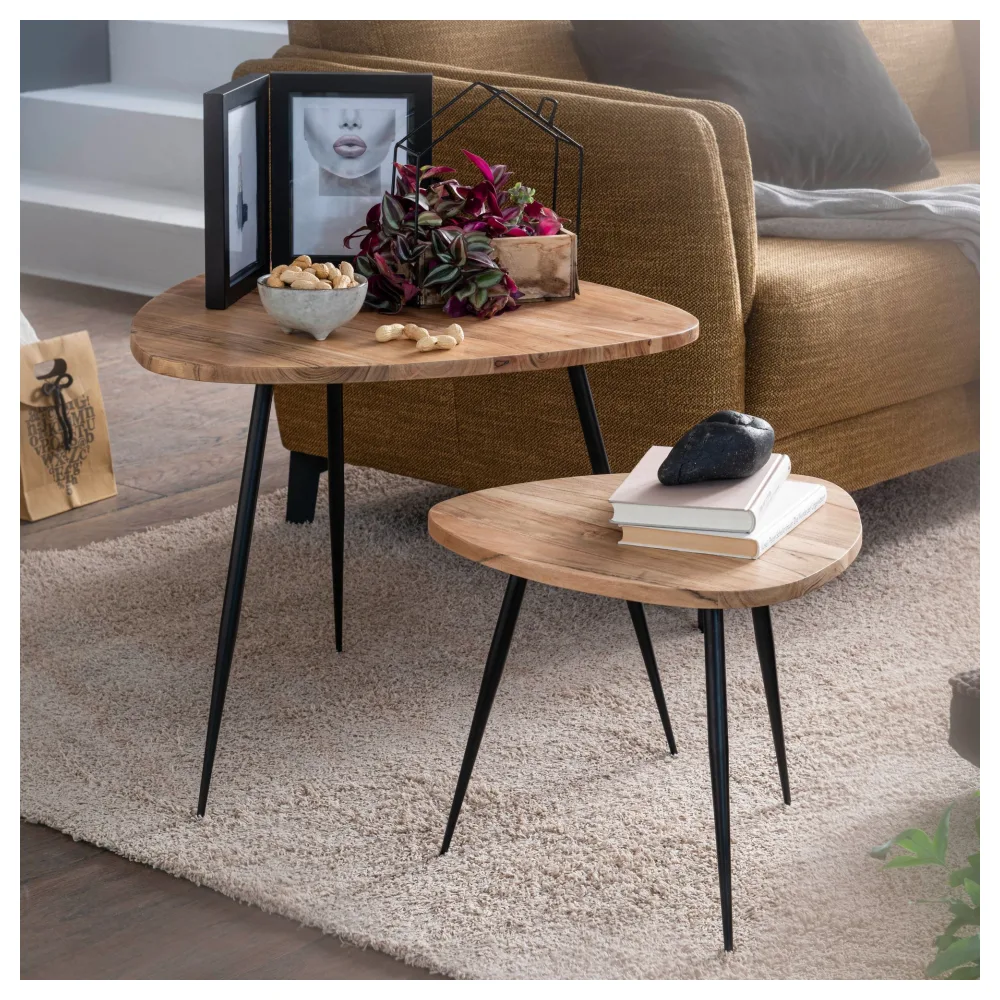 FineBuy 2er Set Satztisch Akazie Massivholz / Metall Couchtisch Klein, Design Beistelltisch Set Zwei Holz-Tische, Wohnzimmertisch Tisch Metallgestell
