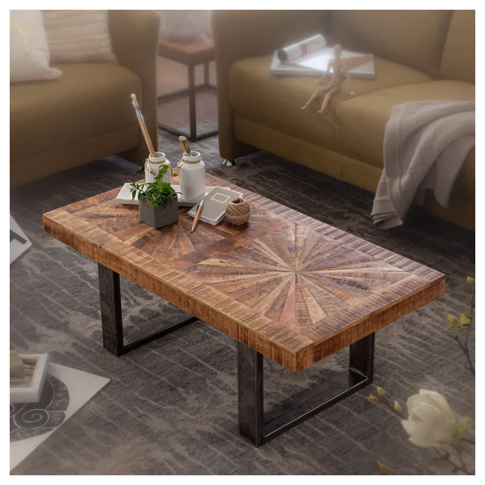 FineBuy Couchtisch Mango Massivholz 105x55 cm rechteckig · Wohnzimmertisch mit Sternmuster Tischplatte · Massivholztisch mit Metall Kufengestell im Industrial Design